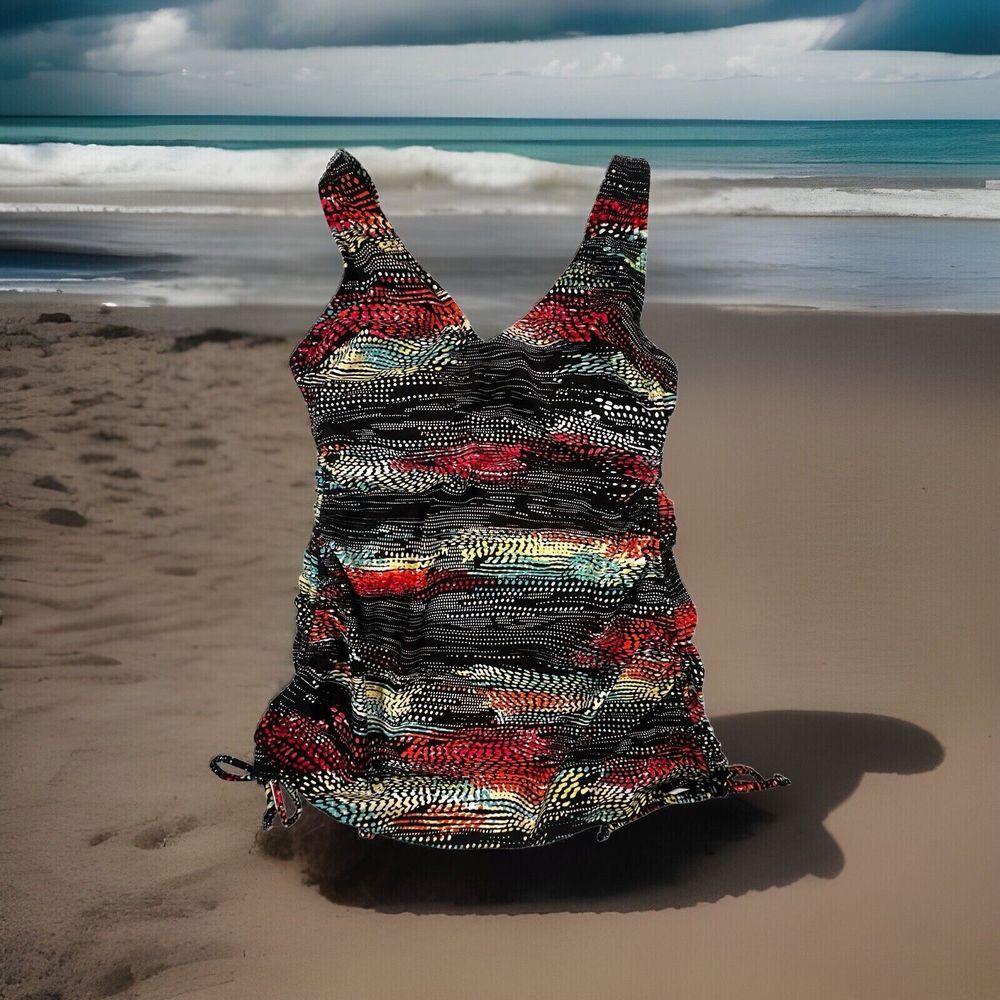 Croft & Barrow Womens‎ Printed Padded Side Drawstring Black Tankini Top Size 6 D